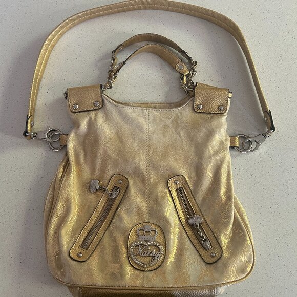 Kathy Van Zeeland Gold Purse | Metallic Shoulder Bag with Studded Details 90s - Picture 1 of 14